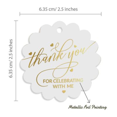 Etiquetas de Papel Metalizado "Obrigado por Celebrar Comigo" Pendentes para Lembrancinhas de Aniversário - Inkdotpot 50 Etiquetas Metalizadas / Branco - Dourado