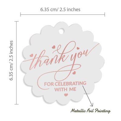 Etiquetas de Papel Metalizado "Obrigado por Celebrar Comigo" Pendentes para Lembrancinhas de Aniversário - Inkdotpot 50 Etiquetas Metalizadas / Branco - Ouro Rosé