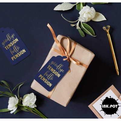 Etiquetas de Papel Metalizado Good Bye Tension Hello Pension para Lembrancinhas de Aposentadoria - Inkdotpot 100 Etiquetas Metalizadas / Azul - Dourado
