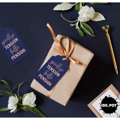 Etiquetas de Papel Metalizado Good Bye Tension Hello Pension para Lembrancinhas de Aposentadoria - Inkdotpot 100 Etiquetas Metalizadas / Azul - Ouro Rosé