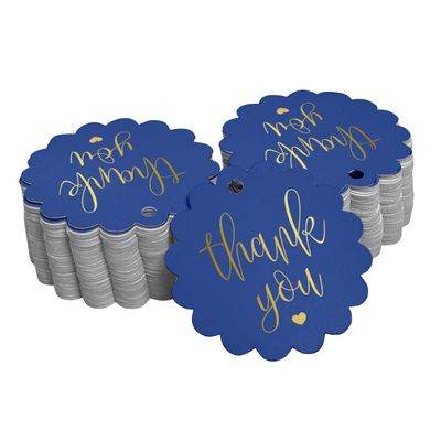 Etiquetas de Papel para Pendurar 'Obrigado' em Foil para Lembrancinhas de Chá de Noiva - Inkdotpot 100 Etiquetas Metalizadas / Azul - Dourado