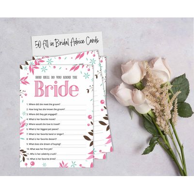 Cartões Quadrados em Branco para Chá de Noiva e Despedida de Solteira, Jogo Floral para Preencher Ideias de Presente, 50 Unid. - Inkdotpot 12,7 Cm × 17,78 Cm / Branco - Quiz da Noiva