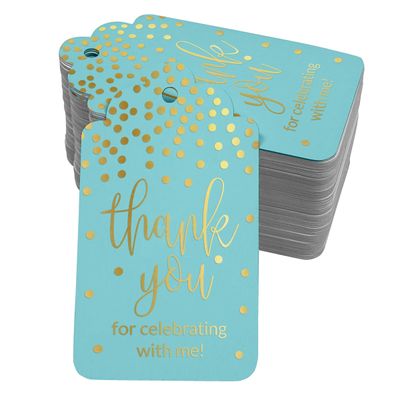Etiquetas de Papel Metalizadas 'Obrigado por Celebrar Comigo' para Lembrancinhas de Aniversário para Pendurar - Inkdotpot 100 Etiquetas Metalizadas / Azul - Dourado