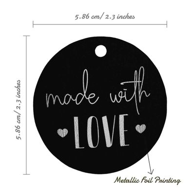 Etiqueta de Papel Metalizado com Texto 'Made With Love' para Lembrancinha de Pendurar - Inkdotpot 100 Etiquetas Metalizadas / Preto - Prata
