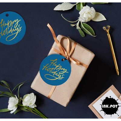 Etiquetas de Papel Metalizado 'Happy Holiday' para Pendurar em Lembrancinhas - Inkdotpot 100 Etiquetas Metalizadas / Azul - Dourado