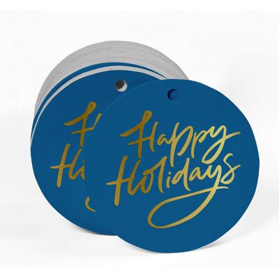 Etiquetas de Papel Metalizado 'Happy Holiday' para Pendurar em Lembrancinhas - Inkdotpot 100 Etiquetas Metalizadas / Azul - Dourado