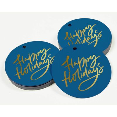 Etiquetas de Papel Metalizado 'Happy Holiday' para Pendurar em Lembrancinhas - Inkdotpot 100 Etiquetas Metalizadas / Azul - Dourado