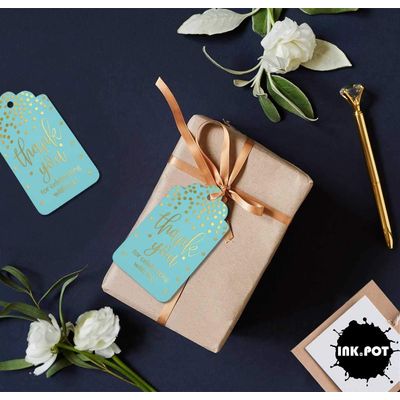 Etiquetas de Papel Metalizado "Obrigado por Celebrar Comigo" para Lembrancinhas de Aniversário - Inkdotpot 50 Etiquetas Metalizadas / Azul - Dourado