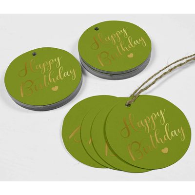 Etiquetas de Papel Metalizado 'Feliz Aniversário' para Lembrancinhas e para Pendurar - Inkdotpot 100 Etiquetas Metalizadas / Verde - Dourado