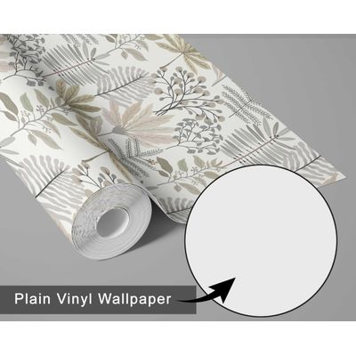 Papel de Parede Autoadesivo Jardim Tropical Pastel, Vinil Impermeável Removível, Bege, para Quarto e Sala de Jantar - S4Sassy 63,5 cm (L) × 304,8 cm (C) / Bege - Vinil Liso