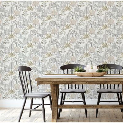 Papel de Parede Autoadesivo Jardim Tropical Pastel, Vinil Impermeável Removível, Bege, para Quarto e Sala de Jantar - S4Sassy 63,5 cm (L) × 304,8 cm (C) / Bege - Vinil Liso
