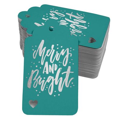Etiquetas de Papel Metalizado Pendentes para Lembrancinhas de Natal "Merry and Bright" - Inkdotpot 100 Etiquetas Metalizadas / Verde - Prata