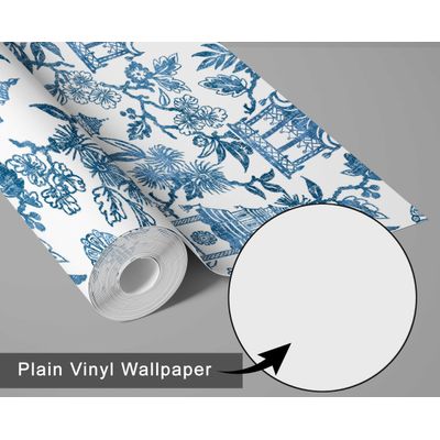 Papel de Parede Jardim do Templo Estilo Asiático Autoadesivo Revestimento Decorativo DIY Fácil para Quarto e Sala Azul - S4Sassy 63,5 cm (L) × 304,8 cm (C) / Azul - Vinil Texturizado