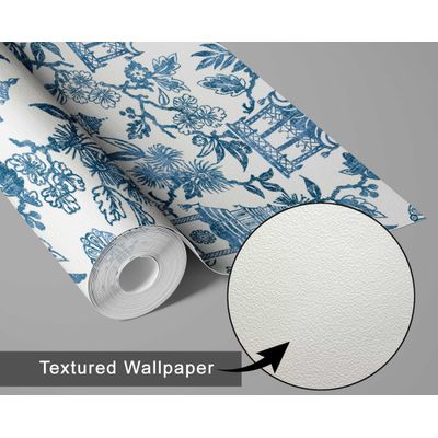 Papel de Parede Jardim do Templo Estilo Asiático Autoadesivo Revestimento Decorativo DIY Fácil para Quarto e Sala Azul - S4Sassy 63,5 cm (L) × 304,8 cm (C) / Azul - Vinil Texturizado