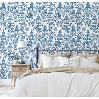 Papel de Parede Jardim do Templo Estilo Asiático Autoadesivo Revestimento Decorativo DIY Fácil para Quarto e Sala Azul - S4Sassy 63,5 cm (L) × 304,8 cm (C) / Azul - Vinil Texturizado