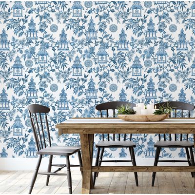 Papel de Parede Jardim do Templo Estilo Asiático Autoadesivo Revestimento Decorativo DIY Fácil para Quarto e Sala Azul - S4Sassy 63,5 cm (L) × 304,8 cm (C) / Azul - Vinil Texturizado