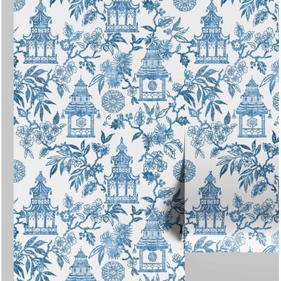 Papel de Parede Jardim do Templo Estilo Asiático Autoadesivo Revestimento Decorativo DIY Fácil para Quarto e Sala Azul - S4Sassy 63,5 cm (L) × 304,8 cm (C) / Azul - Vinil Texturizado