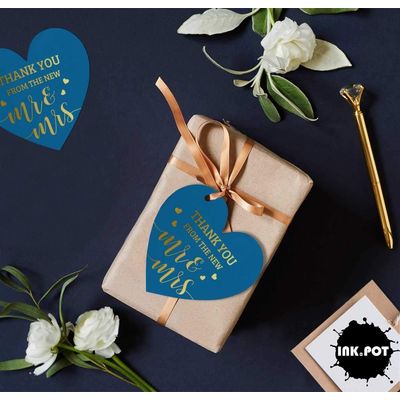 Tag de Papel para Lembrancinha de Casamento 'Obrigado' em Foil para Pendurar - Inkdotpot 100 Etiquetas Metalizadas / Azul - Dourado