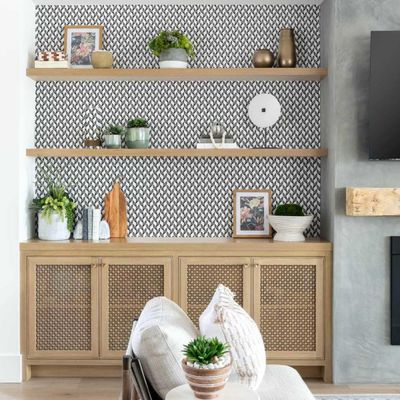 Papel de Parede Autoadesivo Vinil Preto Monocromático com Arte de Linhas Geométricas, Removível DIY para Parede de Entrada - S4sassy 63,5 cm (L) × 304,8 cm (C) / Preto - Vinil Texturizado