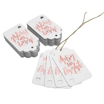 Etiquetas para Lembrancinhas de Natal "Merry and Bright" em Papel Metalizado para Pendurar - Inkdotpot 100 Etiquetas Metalizadas / Branco - Ouro Rosé