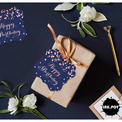Etiquetas Pendentes 'Feliz Aniversário' para Lembrancinha em Formato de Colchete, Metalizadas para Bomboniere - Inkdotpot 50 Etiquetas Metalizadas / Azul - Ouro Rosé