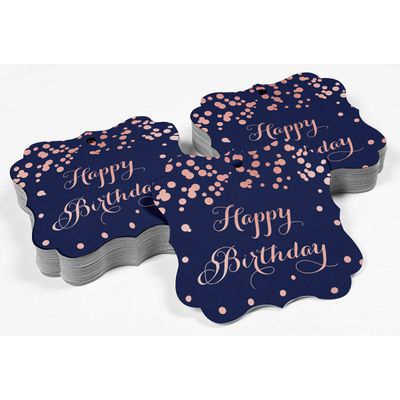 Etiquetas Pendentes 'Feliz Aniversário' para Lembrancinha em Formato de Colchete, Metalizadas para Bomboniere - Inkdotpot 50 Etiquetas Metalizadas / Azul - Ouro Rosé