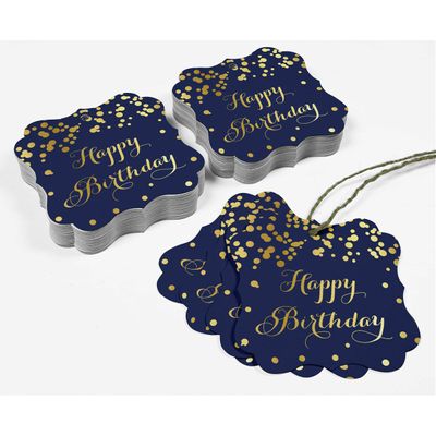 Etiquetas Pendentes 'Feliz Aniversário' para Lembrancinha em Formato de Colchete, Metalizadas para Bomboniere - Inkdotpot 50 Etiquetas Metalizadas / Azul - Ouro Rosé