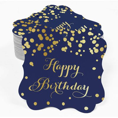 Etiquetas Pendentes 'Feliz Aniversário' para Lembrancinha em Formato de Colchete, Metalizadas para Bomboniere - Inkdotpot 50 Etiquetas Metalizadas / Azul - Ouro Rosé