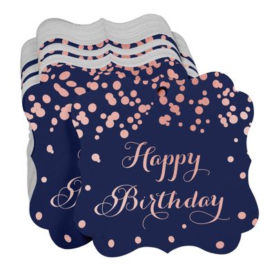 Etiquetas Pendentes 'Feliz Aniversário' para Lembrancinha em Formato de Colchete, Metalizadas para Bomboniere - Inkdotpot 50 Etiquetas Metalizadas / Azul - Ouro Rosé