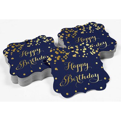 Etiquetas Pendentes 'Feliz Aniversário' para Lembrancinha em Formato de Colchete, Metalizadas para Bomboniere - Inkdotpot 50 Etiquetas Metalizadas / Azul - Ouro Rosé