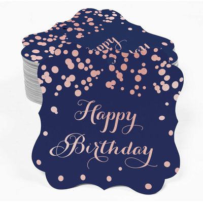 Etiquetas Pendentes 'Feliz Aniversário' para Lembrancinha em Formato de Colchete, Metalizadas para Bomboniere - Inkdotpot 50 Etiquetas Metalizadas / Azul - Ouro Rosé