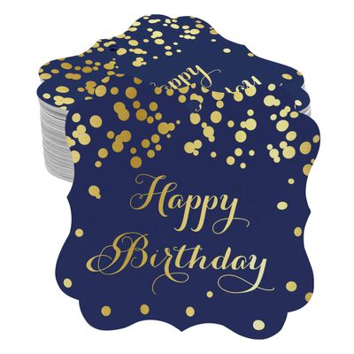 Etiquetas Pendentes 'Feliz Aniversário' para Lembrancinha em Formato de Colchete, Metalizadas para Bomboniere - Inkdotpot 50 Etiquetas Metalizadas / Azul - Ouro Rosé