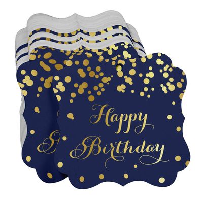 Etiquetas Pendentes 'Feliz Aniversário' para Lembrancinha em Formato de Colchete, Metalizadas para Bomboniere - Inkdotpot 50 Etiquetas Metalizadas / Azul - Ouro Rosé