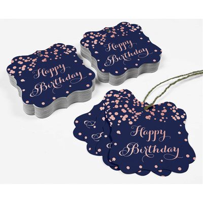 Etiquetas Pendentes 'Feliz Aniversário' para Lembrancinha em Formato de Colchete, Metalizadas para Bomboniere - Inkdotpot 50 Etiquetas Metalizadas / Azul - Ouro Rosé