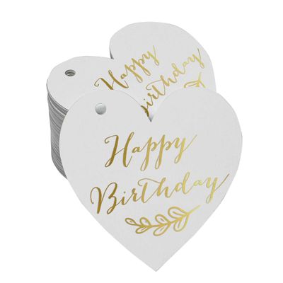Etiqueta Suspensa de Papel para Lembrancinha 'Feliz Aniversário' com Folha Metálica para Artesanato - Inkdotpot 100 Etiquetas Metalizadas / Branco - Ouro Rosé