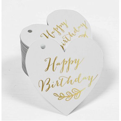 Etiqueta Suspensa de Papel para Lembrancinha 'Feliz Aniversário' com Folha Metálica para Artesanato - Inkdotpot 100 Etiquetas Metalizadas / Branco - Ouro Rosé
