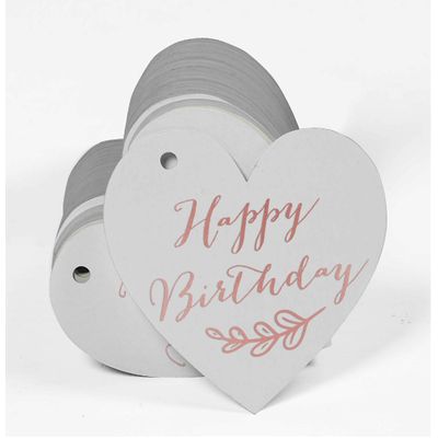 Etiqueta Suspensa de Papel para Lembrancinha 'Feliz Aniversário' com Folha Metálica para Artesanato - Inkdotpot 100 Etiquetas Metalizadas / Branco - Ouro Rosé