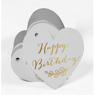 Etiqueta Suspensa de Papel para Lembrancinha 'Feliz Aniversário' com Folha Metálica para Artesanato - Inkdotpot 100 Etiquetas Metalizadas / Branco - Ouro Rosé