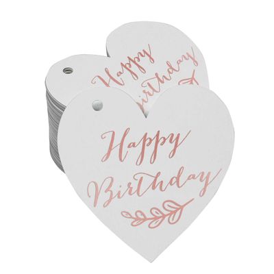 Etiqueta Suspensa de Papel para Lembrancinha 'Feliz Aniversário' com Folha Metálica para Artesanato - Inkdotpot 100 Etiquetas Metalizadas / Branco - Ouro Rosé