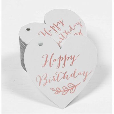 Etiqueta Suspensa de Papel para Lembrancinha 'Feliz Aniversário' com Folha Metálica para Artesanato - Inkdotpot 100 Etiquetas Metalizadas / Branco - Ouro Rosé