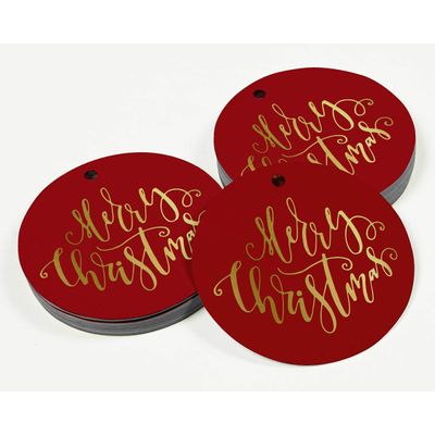 Etiquetas de Papel Metalizado 'Merry Christmas' para Pendurar em Lembrancinhas - Inkdotpot 50 Etiquetas Metalizadas / Vermelho - Ouro Rosé