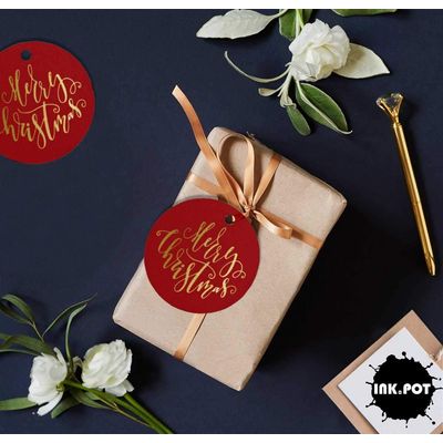 Etiquetas de Papel Metalizado 'Merry Christmas' para Pendurar em Lembrancinhas - Inkdotpot 50 Etiquetas Metalizadas / Vermelho - Ouro Rosé