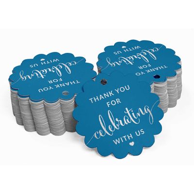 Obrigado por Celebrar Conosco - Etiqueta para Garrafa Metalizada - Chá de Noiva/Chá de Bebê/Aposentadoria/Casamento/Aniversário - Inkdotpot 50 Etiquetas Metalizadas / Azul - Prata