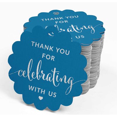 Obrigado por Celebrar Conosco - Etiqueta para Garrafa Metalizada - Chá de Noiva/Chá de Bebê/Aposentadoria/Casamento/Aniversário - Inkdotpot 50 Etiquetas Metalizadas / Azul - Prata