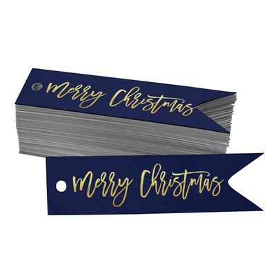 Etiquetas de Papel para Lembrancinha 'Feliz Natal' com Foil Metalizado para Pendurar - Inkdotpot 50 Etiquetas Metalizadas / Azul - Dourado