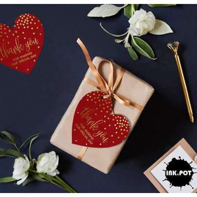 Obrigado por Compartilhar Nosso Dia Especial - Etiquetas Metalizadas p/ Garrafa | Chá Noiva/Chá Bebê/Aposent./Casamento/Aniv. - Inkdotpot 100 Etiquetas Metalizadas / Vermelho - Dourado