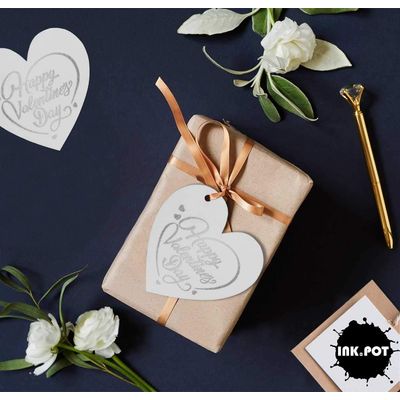 Etiquetas de Papel 'Feliz Dia dos Namorados' para Lembrancinhas com Acabamento Metalizado para Pendurar - Inkdotpot 50 Etiquetas Metalizadas / Branco - Prata