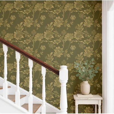 Papel de Parede Floral Vintage Verde, Vinil Autoadesivo, Aplicação DIY Fácil para Quarto Estilo Fazenda, Sala e Armário - S4Sassy 63,5 cm (L) × 914,4 cm (C) / Verde - Vinil Texturizado