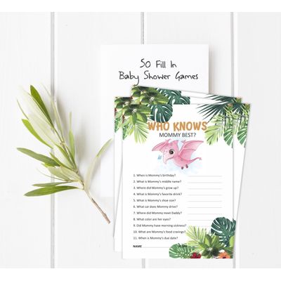 Jogo Quem Conhece Melhor a Mamãe para Chá de Bebê — Jogos, Atividades e Decorações, Tema Dinossauro — Pacote de 50 - Inkdotpot 12,7 Cm × 17,78 Cm / Branco