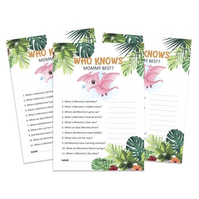 Jogo Quem Conhece Melhor a Mamãe para Chá de Bebê — Jogos, Atividades e Decorações, Tema Dinossauro — Pacote de 50 - Inkdotpot 12,7 Cm × 17,78 Cm / Branco
